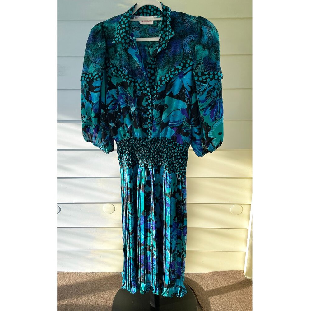 Vintage Susan Freis Blue Floral Dress Size Large